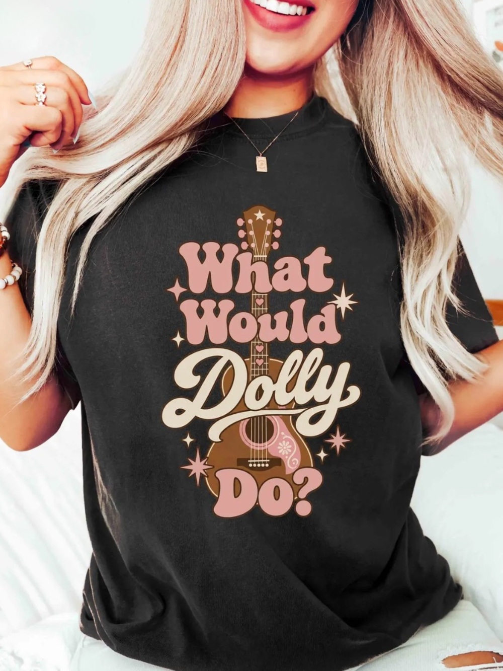 Comfort Colors Black Graphic Tee with Pink & Cream Guitar Design